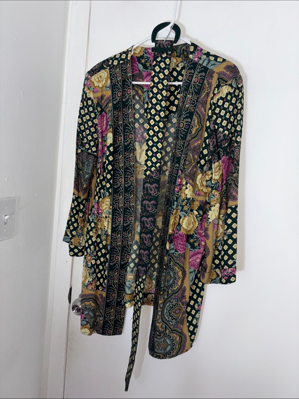 Boho Floral Open Front Kimono - Green with Pink & Mustard Floral
